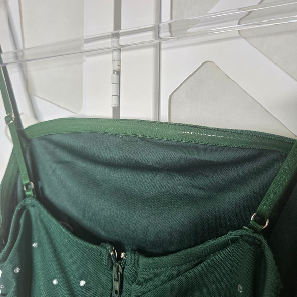 Green Ruched High Slit Rhinestone Midi Dress Size SM Formal Hoco Y2K Glam Party - Picture 7 of 8